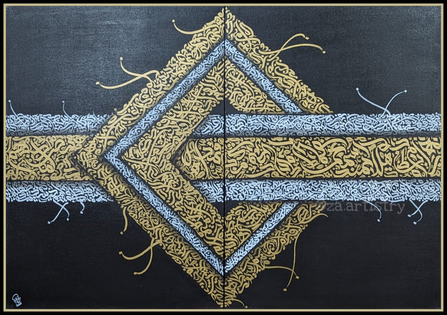 3d Abstract calligraphy gold and white - Handmade Painting by ZA Artistry
